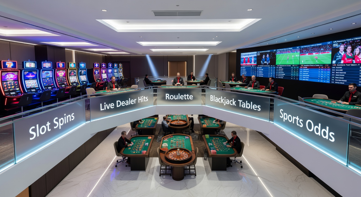 Dynamic illustration of bonus flows streaming from slot machines to live dealer screens, roulette spins, blackjack deals, sports scoreboards, and smartphone interfaces