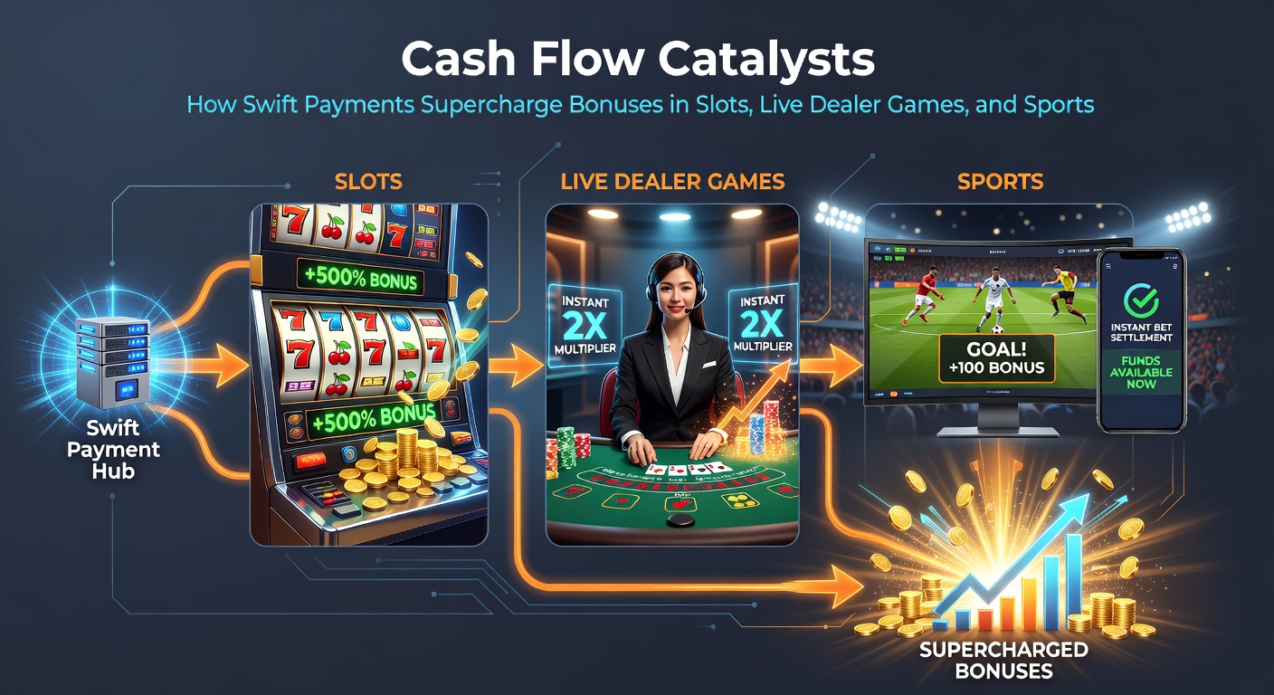 Illustration of rapid payment streams connecting slot machines, live blackjack dealers, and sports betting interfaces with exploding bonus rewards