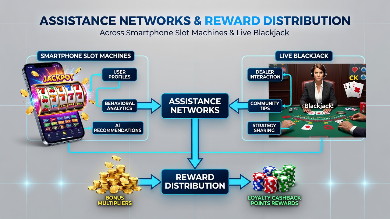 Infographic of reward distribution pathways linking slots, blackjack, and sports betting through assistance networks