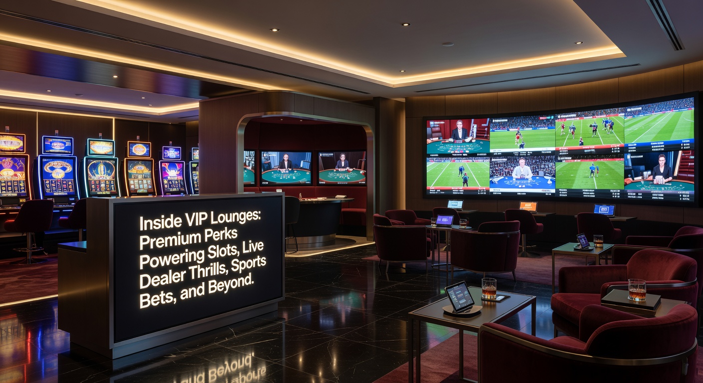 VIP patrons enjoying private sports betting screens, live dealer blackjack table, and slot play in a luxurious lounge with attentive staff