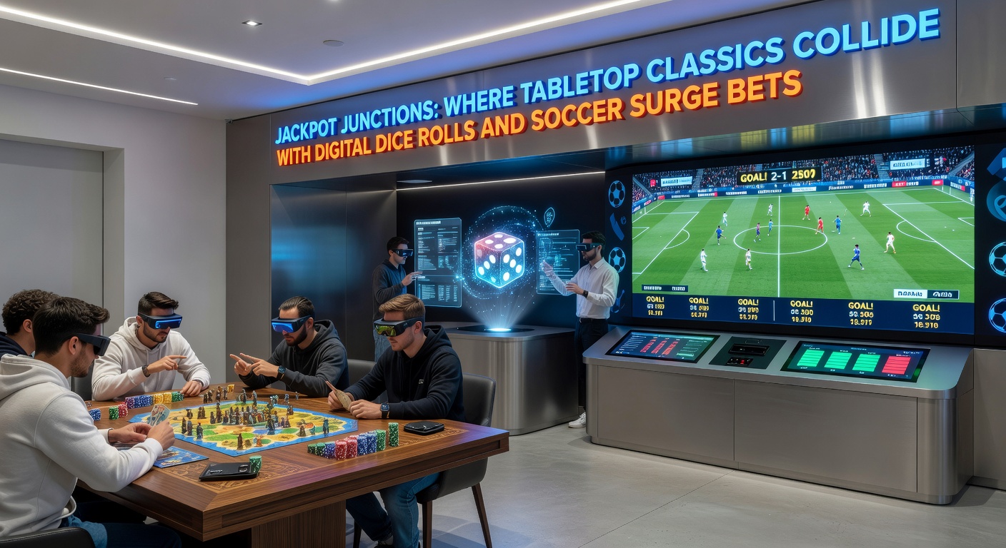 Split-screen view of a live craps roll syncing with soccer match highlights and surging in-play betting options