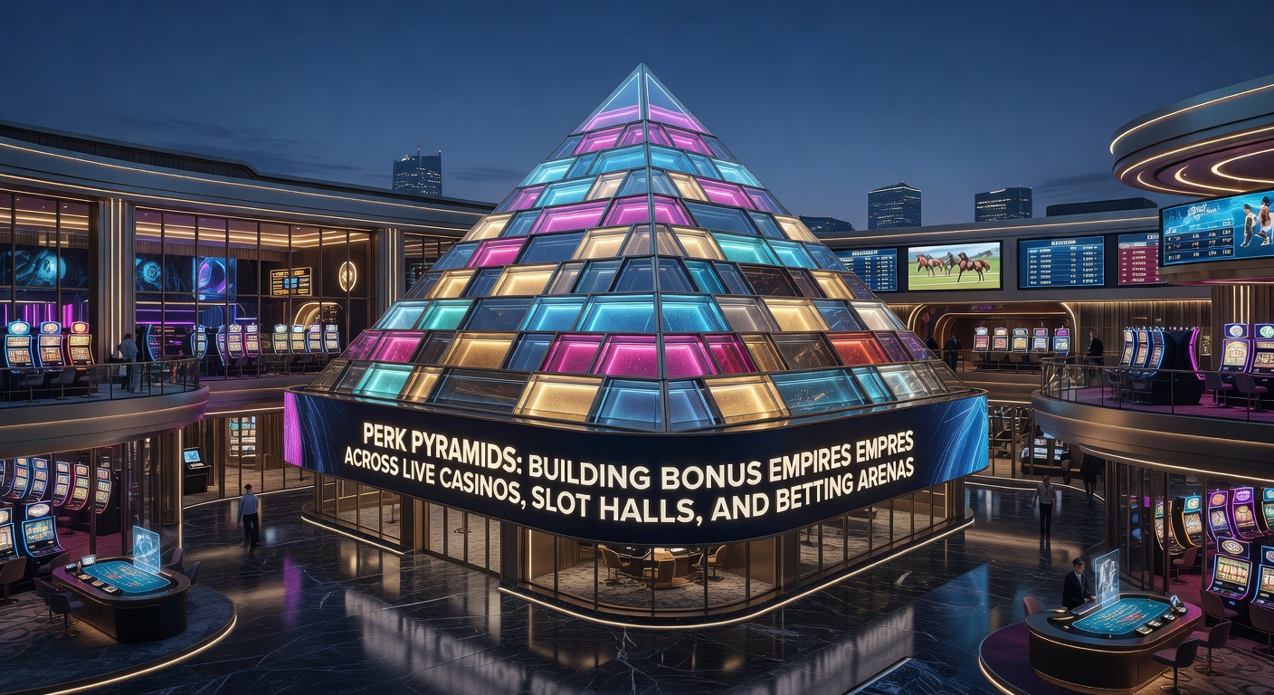 Dynamic graphic showing layered pyramid tiers with icons for live casino dealers, colorful slot machines, and sports betting interfaces climbing toward a golden summit of elite rewards