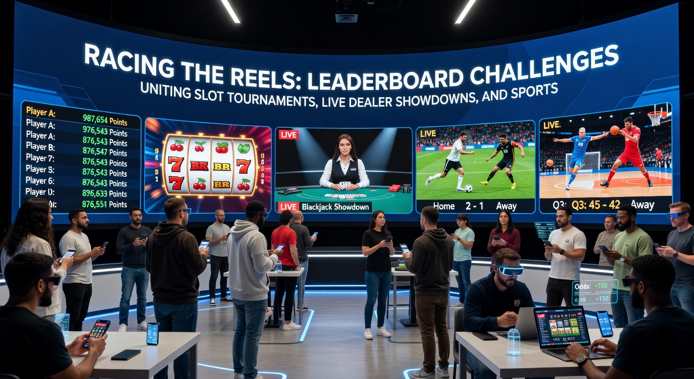 Close-up of a live dealer showdown leaderboard alongside slot reels and sports accumulator trackers, highlighting top players' progress in a unified race with timers ticking down